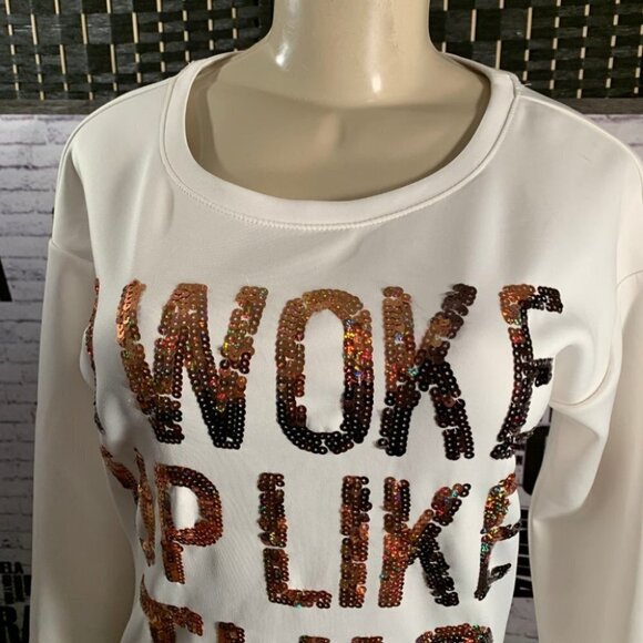Juicy Couture M Vanilla Sequin Statement "I Woke Up Like This" Long Sleeve Top - Picture 5 of 6